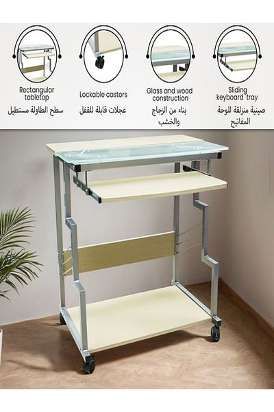 micasa Metal Frame Contemporary Rectangular Computer Table with Wheels
