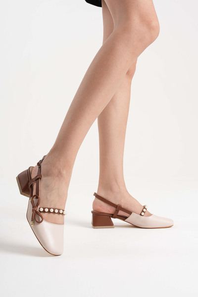 Silver Lady Women's Mary Jane Pearl Detailed Square Toe Short Block Heeled Shoes