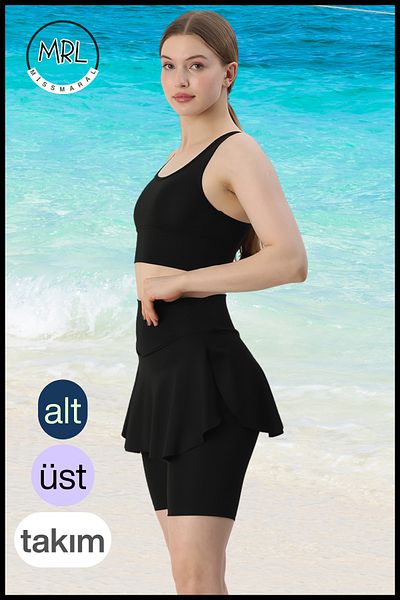 missmaral Women's Black Set Bottom - Top Biker Shorts Above Knee &Crop Bra Pad Supported in the Sea in the Pool in Sports