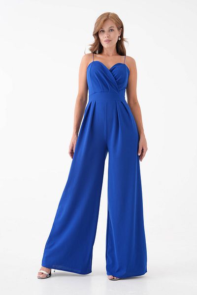 barış sülün lovebox Women's Crepe Fabric Double Breasted Collar Wide Leg Design Thin Strap Saks Blue Stylish Jumpsuit 582101