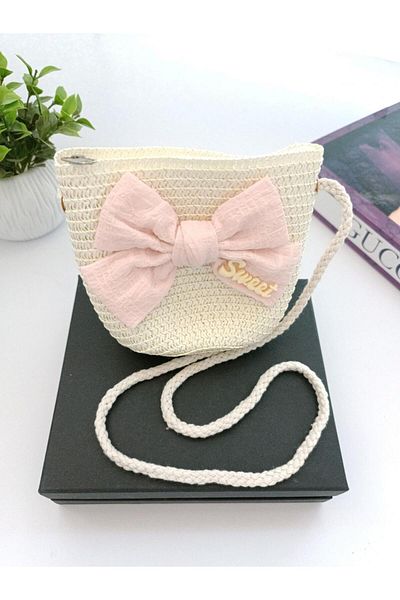 REBORN DESIGN Macrame Rope Hanging Fabric Bow and Sweet Text Detailed Basket Model Ecru Color Straw Bag