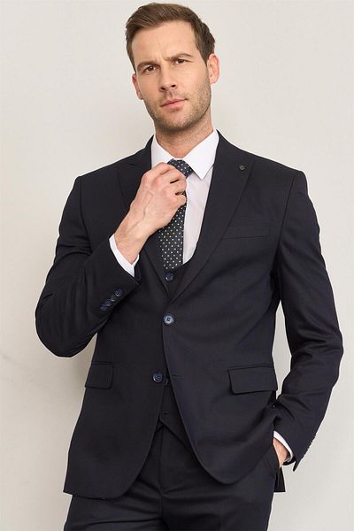 ATLIHAN Kagi Navy Blue Men's Cotton Polyester Bar Vest Suit