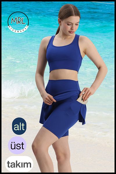 missmaral Set de damă - Pantaloni scurți de motociclist de sus deasupra genunchiului și suport pentru bra Crop în mare, piscină, sport, albastru