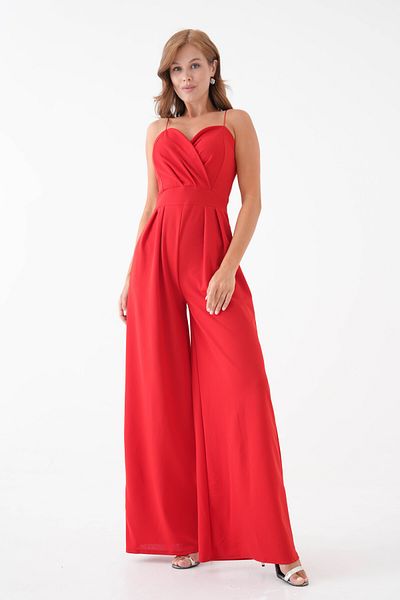 barış sülün lovebox Women's Crepe Fabric Double Breasted Collar Wide Leg Design Thin Strap Red Stylish Jumpsuit 582101