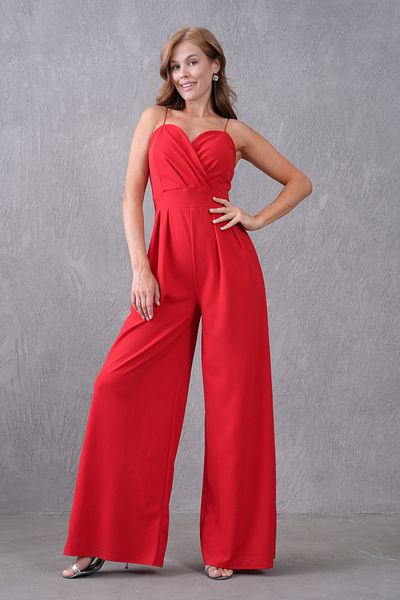 bayansepeti Red Crepe Fabric Double Breasted Collar Wide Leg Detail Thin Strap Women's Jumpsuit 582101