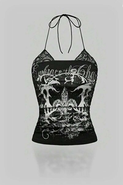 Karakedi Čipka li Black Embrace The Chaos Gothic Y2K Halter Na vezivanje Skra...
