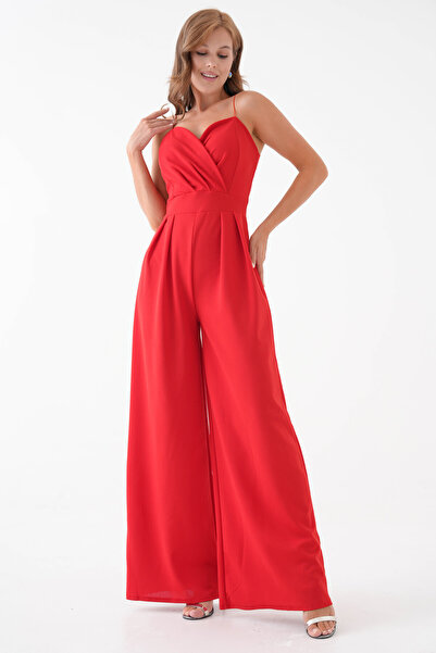 barış sülün lovebox Kadın Krep Kumaş Kruvaze Yaka Geniş Paça Tasarımlı İnce Askılı Kırmızı Şık Tulum 582101