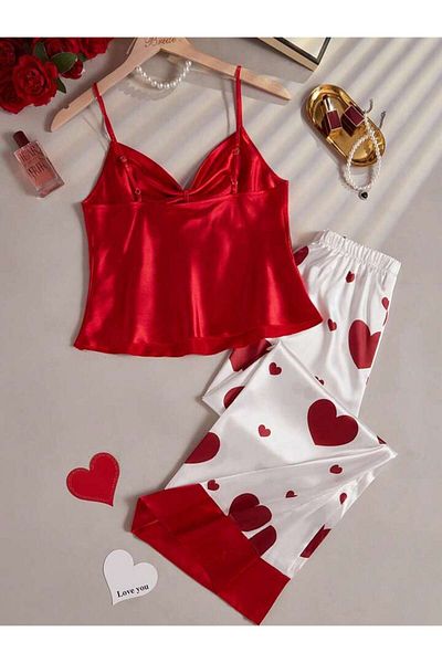 Peille Satin Heart Patterned Nightgown Set with Thin Rope Strap Chest Detail