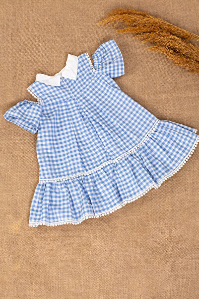 lumo bella kids Rochie pentru fetiță, model elegant de vară, în carouri albastre, cu fundă