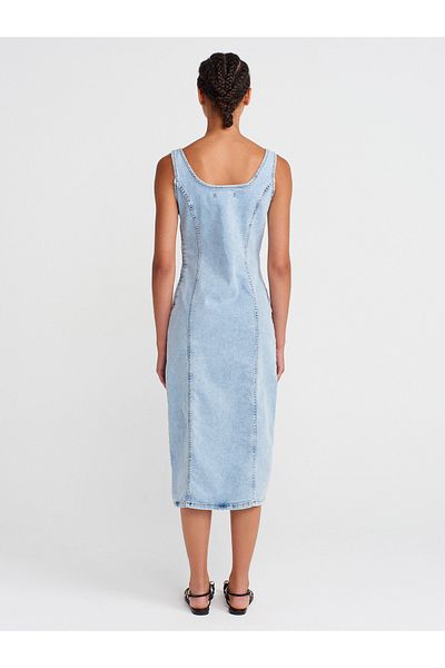 Dilvin 90565 Rochie din denim cu fantă adâncă în față-albastru