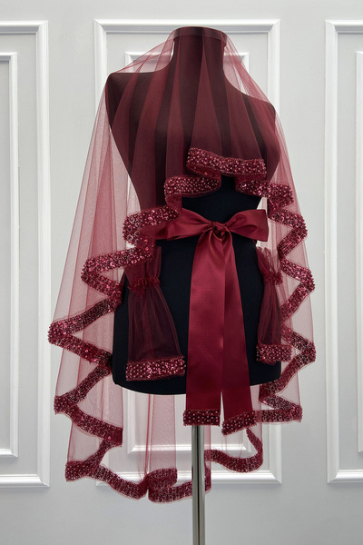 ZEYMERADE طقم ستارة العروس باللون الأحمر الداكن، مطرز باللؤلؤ والترتر والخرز ...