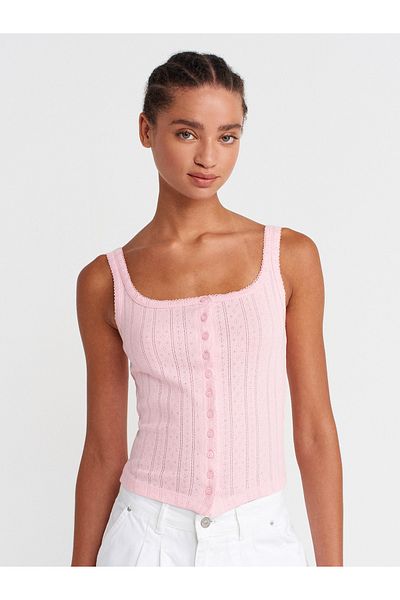 Dilvin 21068 Buttoned Square Neck Top-Powder Pink