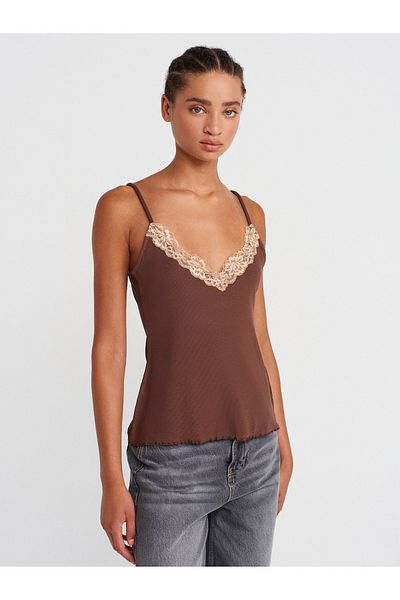 Dilvin 21066 Lace Ribbon Strap Top-Light Brown