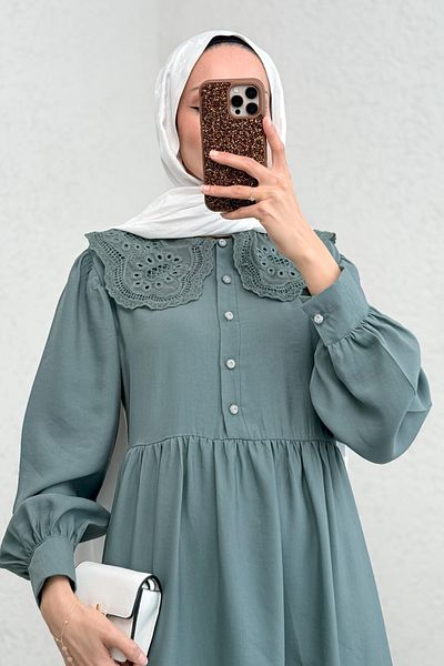 Salih Çelebi Lace Collar Modal Dress 2258 - Mint Green