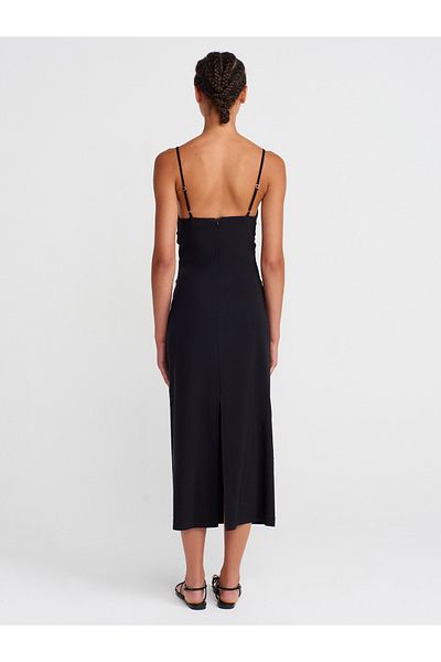 Dilvin 90920 Gathered Stretch Midi Dress-Black