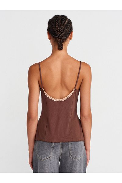 Dilvin 21066 Lace Ribbon Strap Top-Light Brown