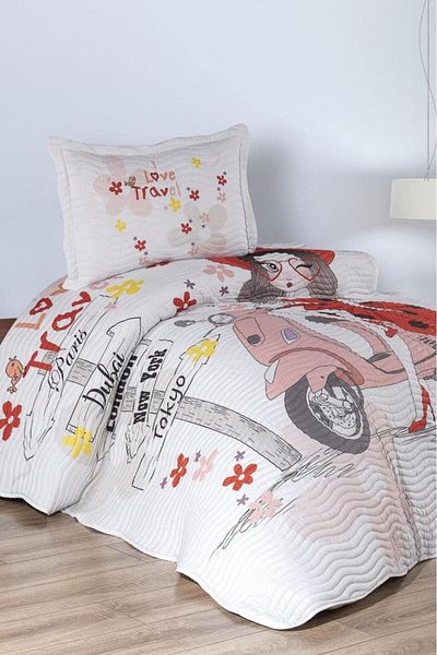 Çeyiz Diyarı Traveling Girl Printed Quilted Single Bedspread Red