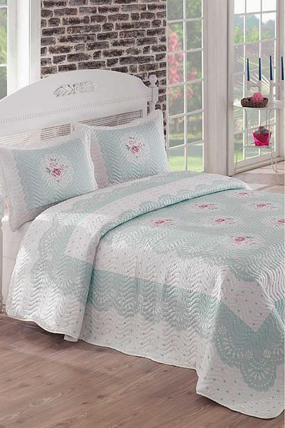 Çeyiz Diyarı Clara Printed Quilted Double Bedspread Blue
