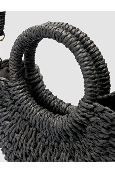 Cabani Long Strap Round Handle Straw Black Bag