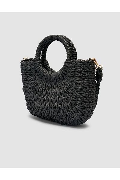 Cabani Long Strap Round Handle Straw Black Bag