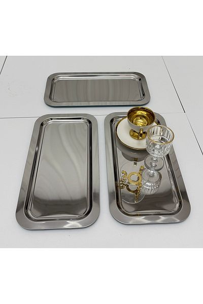 SEVA ÇELİK 3 Pcs Stainless Steel Large Rectangular Serving and Presentation Tray 18*33 cm