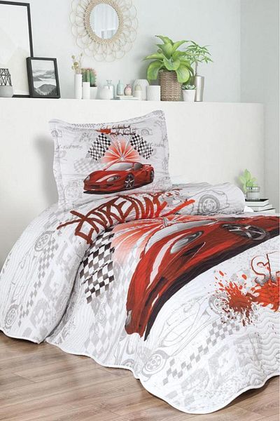 Çeyiz Diyarı Fast Car Printed Quilted Single Bedspread Red