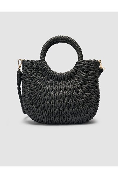 Cabani Long Strap Round Handle Straw Black Bag