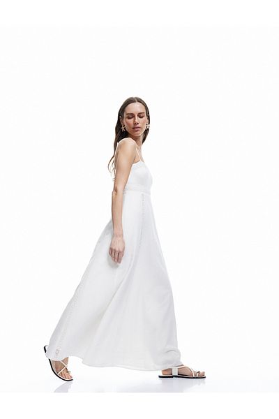Koton X Melis Ağazat - Loose Fit Cotton Lined Scalloped Brocade Square Neck Long Strap Dress