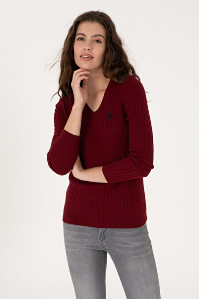 U.S. Polo Assn. Kadın Bordo V Yaka Basic Kazak 50313625-VR014