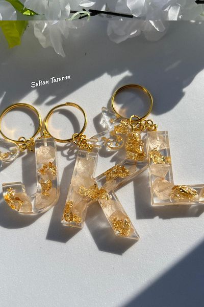 Sultan Tasarım Gold Foil Floral Glittery-Paillette Epoxy Letter - Number Keychains