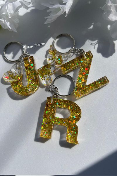 Sultan Tasarım Gold Foil Floral Glittery-Paillette Epoxy Letter - Number Keychains