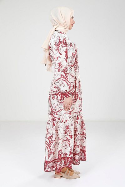 Beyza Printed Belted Burgundy Dress 9387