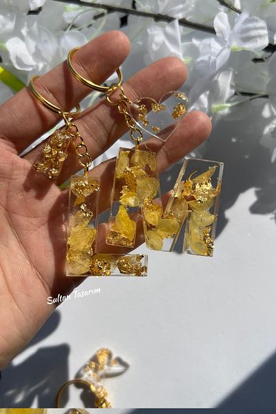 Sultan Tasarım Gold Foil Floral Glittery-Paillette Epoxy Letter - Number Keychains