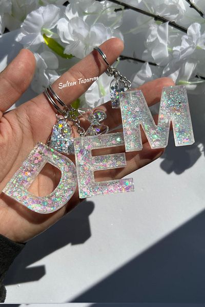 Sultan Tasarım Gold Foil Floral Glittery-Paillette Epoxy Letter - Number Keychains
