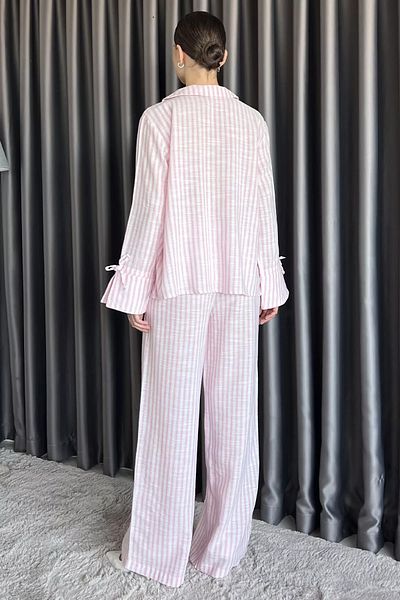 GÜLSELİ Pink Front Tie Striped Blouse Pants Double Set