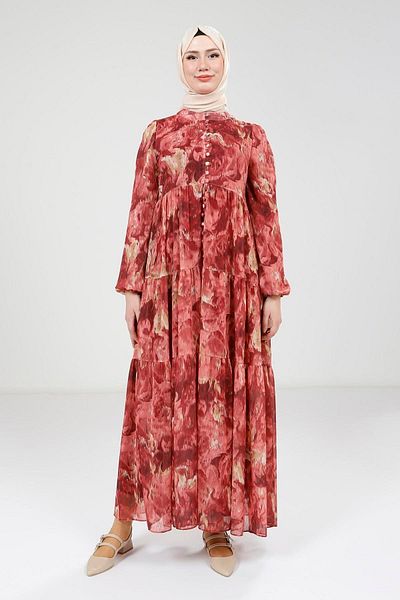 Beyza Printed Buttoned Red Dress 9390