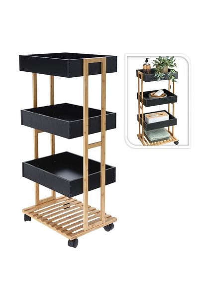 Gift Design Cărucior de depozitare cu 3 rafturi – Cadru din bambus și tăvi negre din MDF – 87,5 x 40 x 30 cm