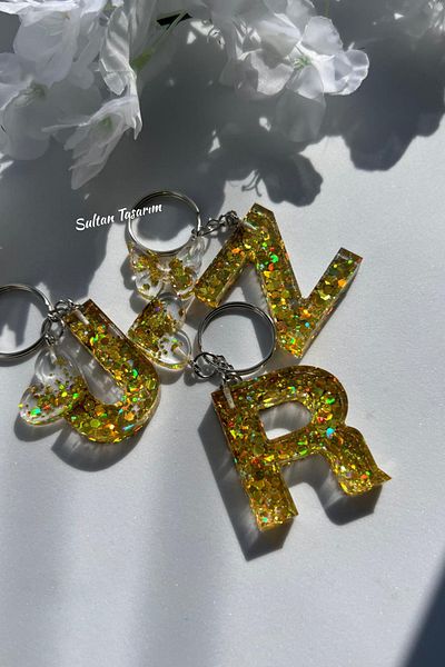 Sultan Tasarım Gold Foil Floral Glittery-Paillette Epoxy Letter - Number Keychains