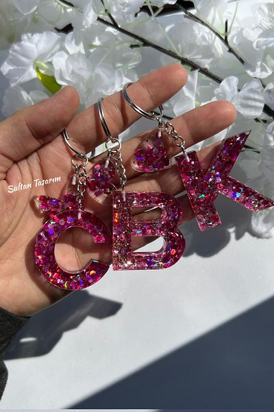 Sultan Tasarım Gold Foil Floral Glittery-Paillette Epoxy Letter - Number Keychains