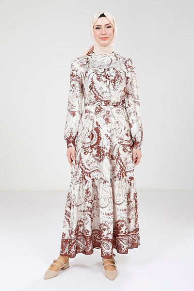 Beyza Printed Belted Brown Color Dress 9387
