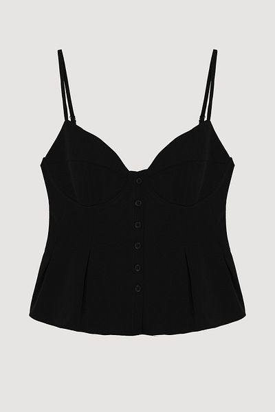 Quzu Buttoned Thin Strap Blouse with Pile Detail Black