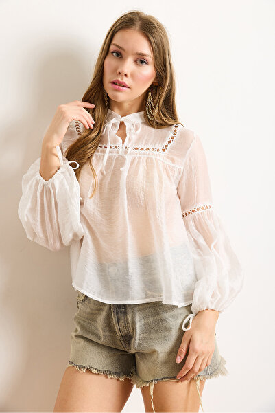 Olalook Women's Ecru Collar Lace-Up Transparent Blouse with Fisto Detail Blz-19003031