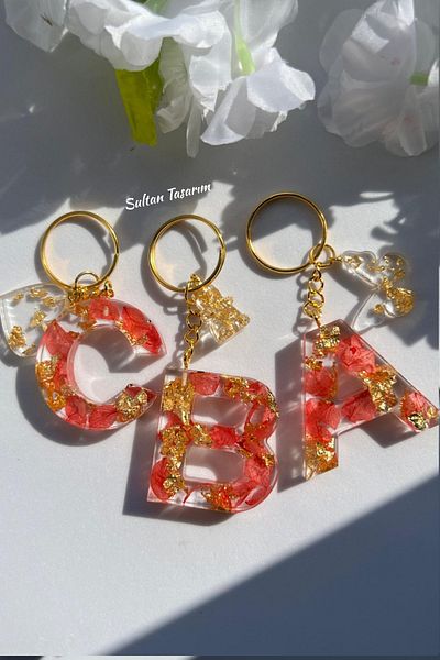 Sultan Tasarım Gold Foil Floral Glittery-Paillette Epoxy Letter - Number Keychains