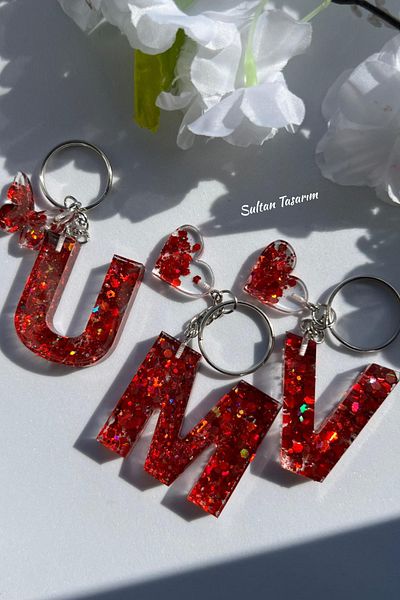 Sultan Tasarım Gold Foil Floral Glittery-Paillette Epoxy Letter - Number Keychains
