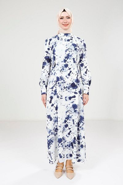 Beyza Mobile Belt Printed Navy Blue Dress 9385