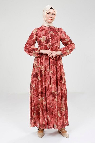 Beyza Printed Buttoned Red Dress 9390