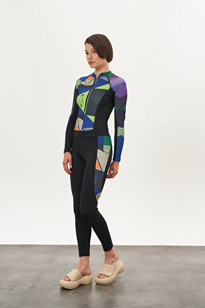 Mevra Yüzücü Mayo Tayt Etek 3lü Desenli Mayo Siyah