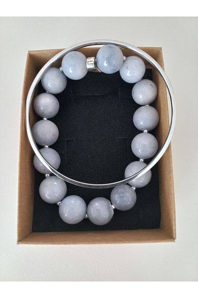 LemaStone Natural Stone and Silver Color Steel Double Bracelet; Designed with Ceyt Amozonite Stone.