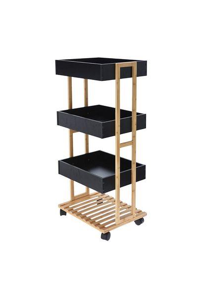 Gift Design Cărucior de depozitare cu 3 rafturi – Cadru din bambus și tăvi negre din MDF – 87,5 x 40 x 30 cm