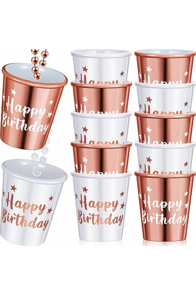 Jadive Set de 12 pahare cu colier aniversar cu mărgele Jadive, plastic, roz/alb, 3,5 x 5,7 cm / 80 cm